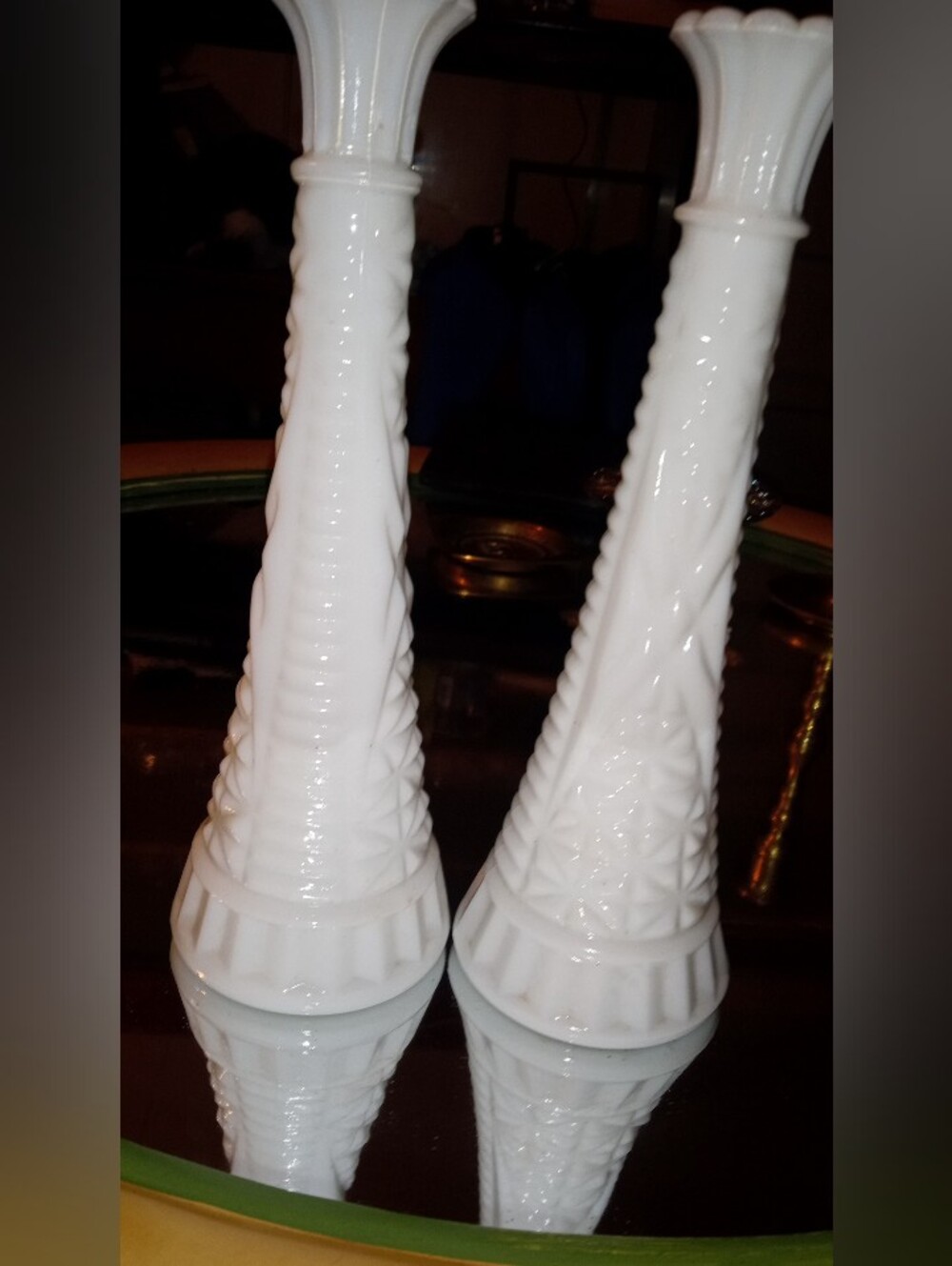 Vintage Anchor Hocking White Milk Glass Stars and Bars Bud Vases - Set of 2